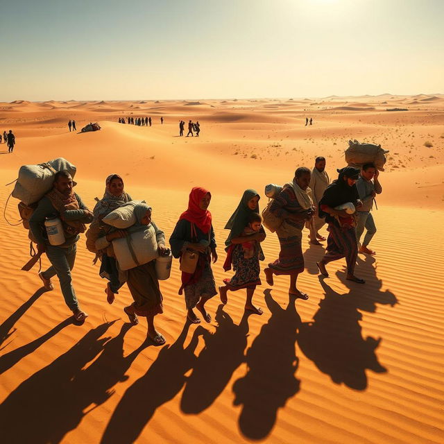 A compelling scene of a diverse group of people migrating through a vast desert landscape, showcasing their resilience and determination