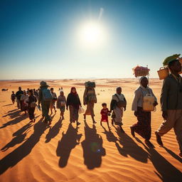A compelling scene of a diverse group of people migrating through a vast desert landscape, showcasing their resilience and determination