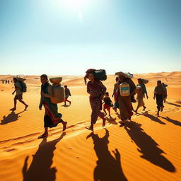 A compelling scene of a diverse group of people migrating through a vast desert landscape, showcasing their resilience and determination