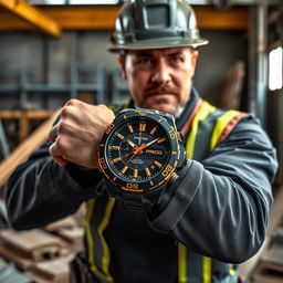 A constructor sporting a tactical watch with a bold black and gold design, clearly displaying the word 'PROG' on its face