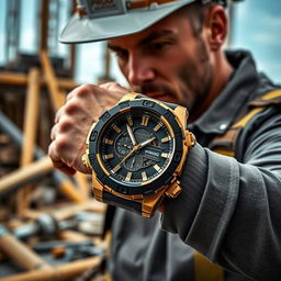 A constructor sporting a tactical watch with a bold black and gold design, clearly displaying the word 'PROG' on its face