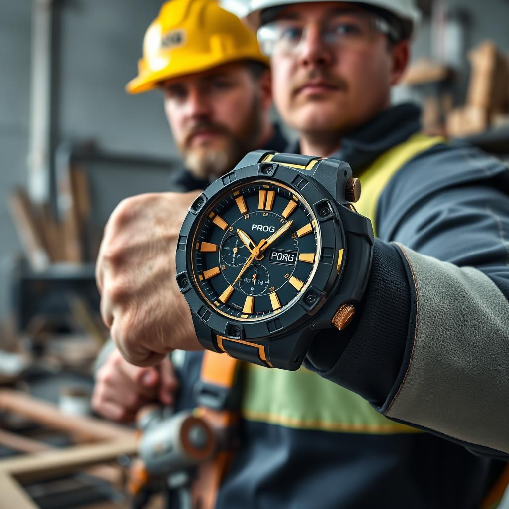 A constructor sporting a tactical watch with a bold black and gold design, clearly displaying the word 'PROG' on its face