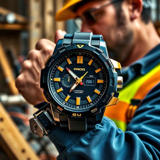 A constructor sporting a tactical watch with a bold black and gold design, clearly displaying the word 'PROG' on its face