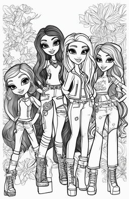 A brand-new black and white illustration of a different set of Bratz characters, designed as a colouring book page