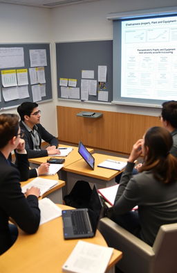 In a classroom setting, a group of university students is engaged in an interactive discussion about the treatment of property, plant, and equipment in accounting