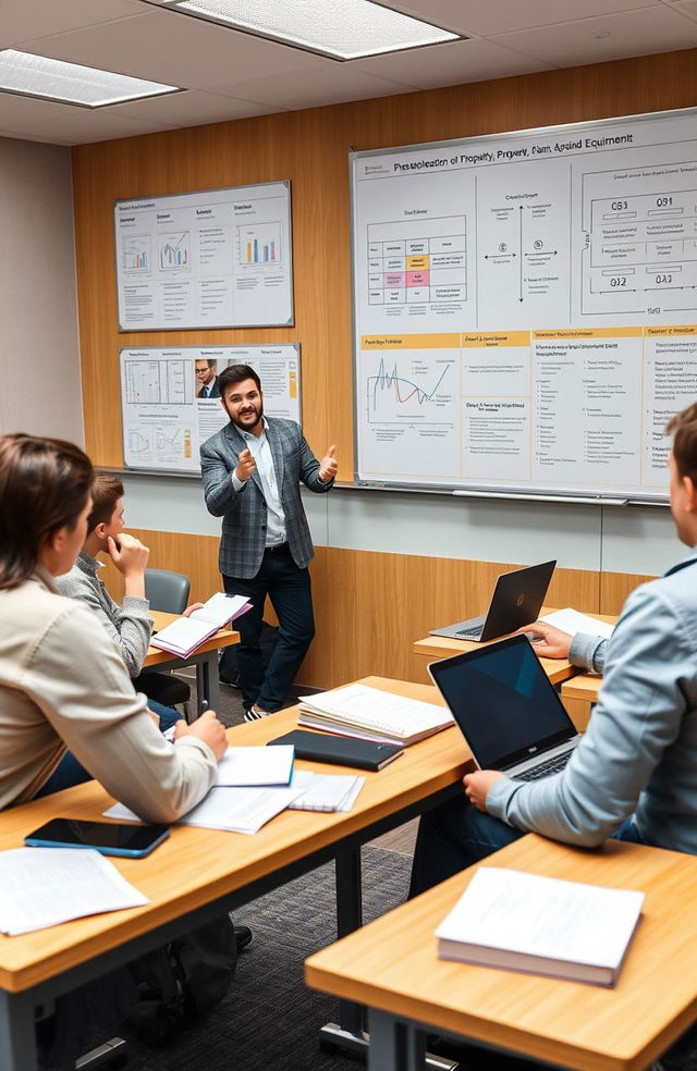 In a classroom setting, a group of university students is engaged in an interactive discussion about the treatment of property, plant, and equipment in accounting