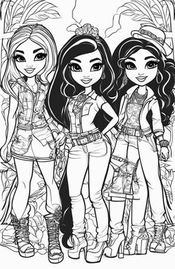 A brand-new black and white illustration of a different set of Bratz characters, designed as a colouring book page