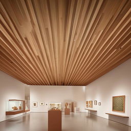 Design a striking exhibition area within an art museum, filled with intriguing display objects and artifacts. Above, a wooden coffered ceiling adds depth and architectural interest.