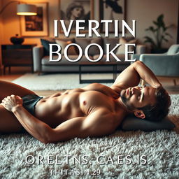 A book cover design featuring a muscular shirtless man lying on his back on a soft, plush carpet within a stylishly furnished apartment
