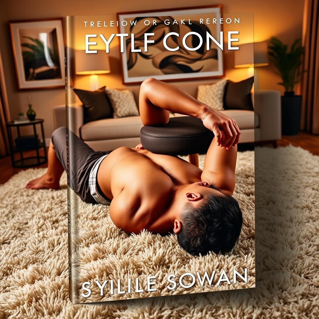 A book cover design featuring a muscular shirtless man lying on his back on a soft, plush carpet within a stylishly furnished apartment