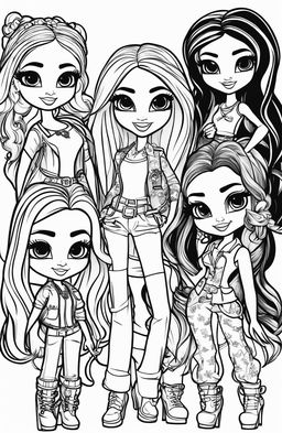 A brand-new black and white illustration of a different set of Bratz characters, designed as a colouring book page