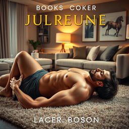 A book cover design featuring a muscular shirtless man lying on his back on a soft, plush carpet within a stylishly furnished apartment