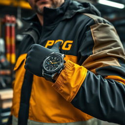 A construction worker wearing a black and gold jacket emblazoned with the word "PROG"