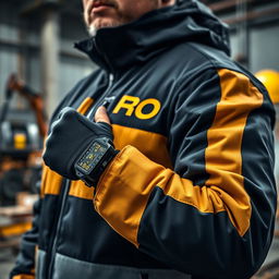 A construction worker wearing a black and gold jacket emblazoned with the word "PROG"