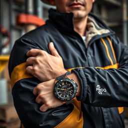 A construction worker wearing a black and gold jacket emblazoned with the word "PROG"