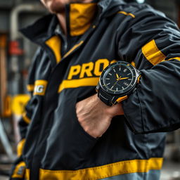 A construction worker wearing a black and gold jacket emblazoned with the word "PROG"