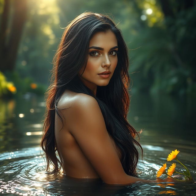 A stunning portrayal of a woman reminiscent of Salma Hayek, elegantly positioned in a flowing river surrounded by lush greenery