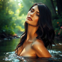 A stunning portrayal of a woman reminiscent of Salma Hayek, elegantly positioned in a flowing river surrounded by lush greenery