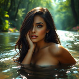A stunning portrayal of a woman reminiscent of Salma Hayek, elegantly positioned in a flowing river surrounded by lush greenery