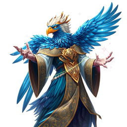 A majestic Aarakocra eagle wizard, with vibrant feathers in shades of blue and gold, wearing intricate robes that shimmer with magical symbols