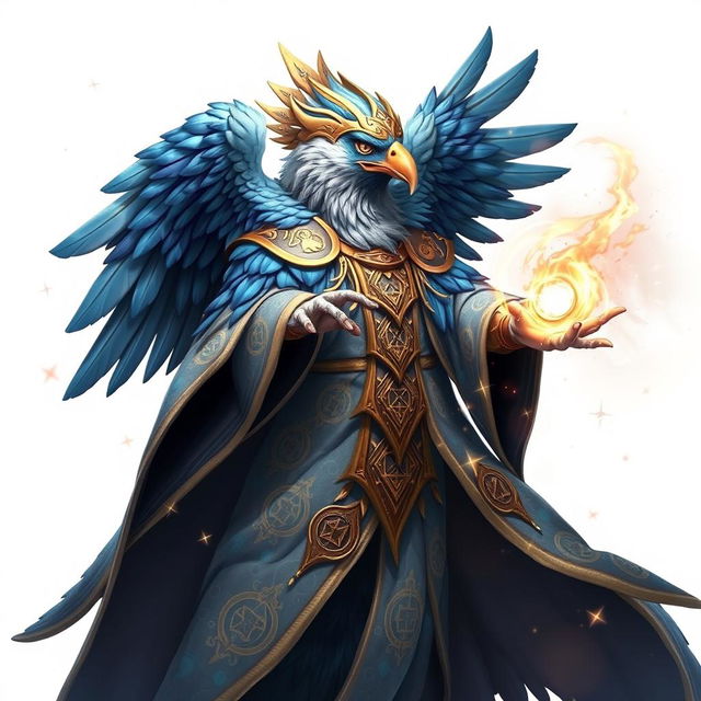 A majestic Aarakocra eagle wizard, with vibrant feathers in shades of blue and gold, wearing intricate robes that shimmer with magical symbols