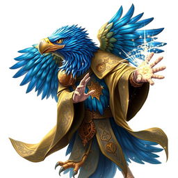 A majestic Aarakocra eagle wizard, with vibrant feathers in shades of blue and gold, wearing intricate robes that shimmer with magical symbols
