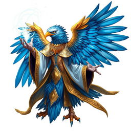 A majestic Aarakocra eagle wizard, with vibrant feathers in shades of blue and gold, wearing intricate robes that shimmer with magical symbols