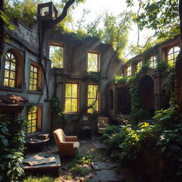 A stunning and eerie scene of the ruins of abandoned dwellings, slowly being reclaimed by nature