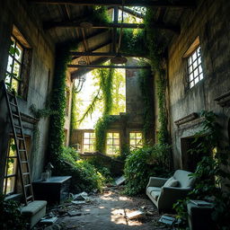 A stunning and eerie scene of the ruins of abandoned dwellings, slowly being reclaimed by nature