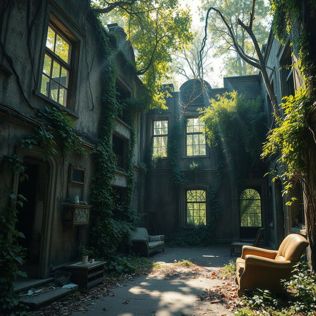 A stunning and eerie scene of the ruins of abandoned dwellings, slowly being reclaimed by nature