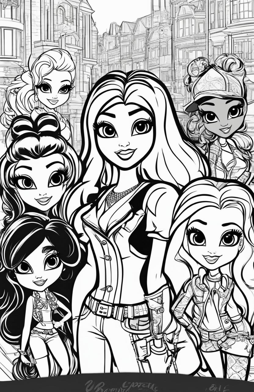 A new black and white illustration featuring a different set of Bratz characters, designed as a colouring book page