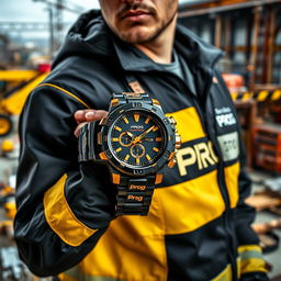 A construction worker wearing a stylish black and gold jacket with the word "PROG" prominently displayed