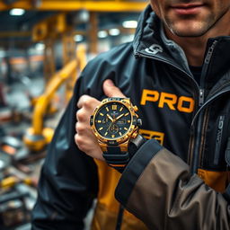 A construction worker wearing a stylish black and gold jacket with the word "PROG" prominently displayed