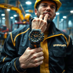 A construction worker wearing a stylish black and gold jacket with the word "PROG" prominently displayed