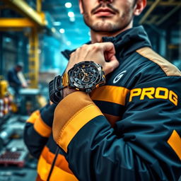 A construction worker wearing a stylish black and gold jacket with the word "PROG" prominently displayed