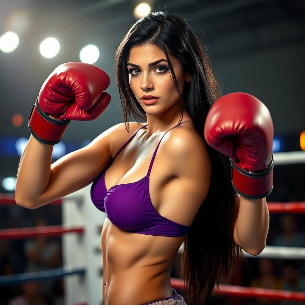 A slender and athletic woman with long black hair wearing a purple bikini, engaged in a boxing match