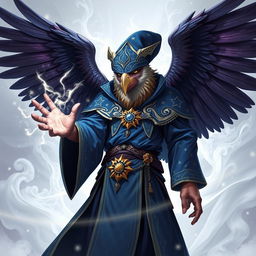 An Aarakocra eagle wizard, portrayed as a humanoid figure with avian features, including a beak and feathered wings, wearing ornate wizard robes adorned with magical symbols