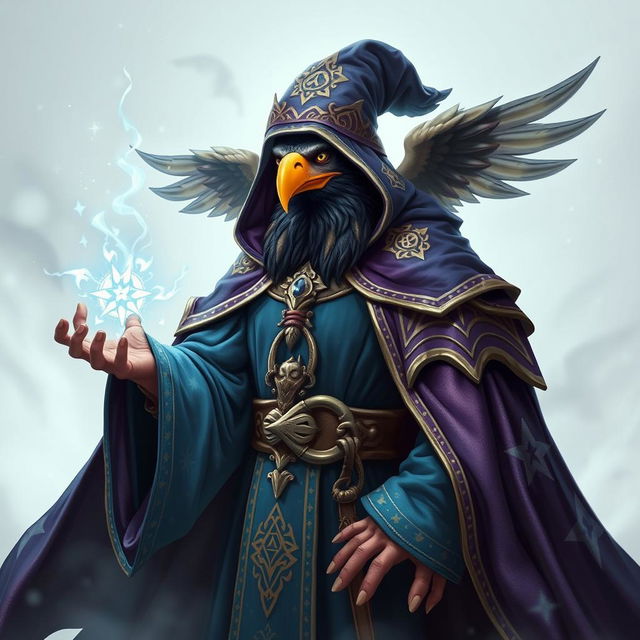 An Aarakocra eagle wizard, portrayed as a humanoid figure with avian features, including a beak and feathered wings, wearing ornate wizard robes adorned with magical symbols