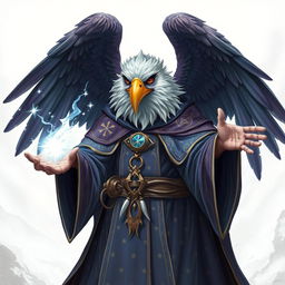 An Aarakocra eagle wizard, portrayed as a humanoid figure with avian features, including a beak and feathered wings, wearing ornate wizard robes adorned with magical symbols