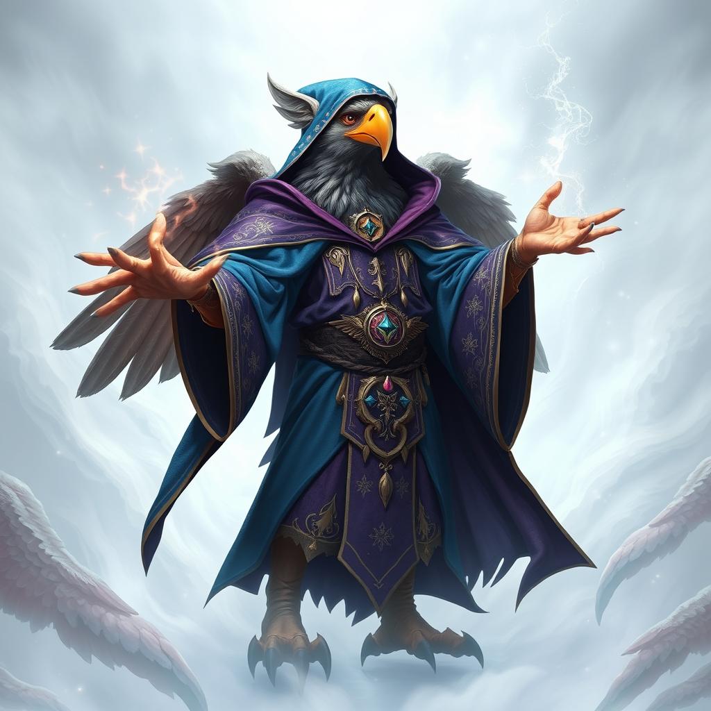 An Aarakocra eagle wizard, portrayed as a humanoid figure with avian features, including a beak and feathered wings, wearing ornate wizard robes adorned with magical symbols