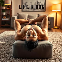 A striking book cover design featuring a shirtless man lying on his back on the plush carpet of a modern apartment, with a relaxed yet intriguing expression