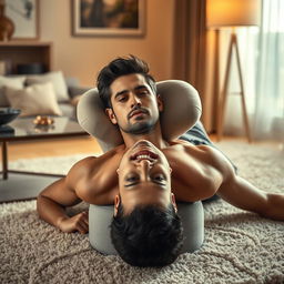A striking book cover design featuring a shirtless man lying on his back on the plush carpet of a modern apartment, with a relaxed yet intriguing expression