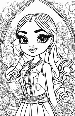 A new black and white illustration featuring a different set of Bratz characters, designed as a colouring book page