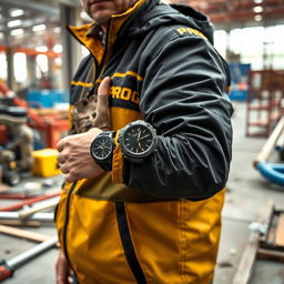 A construction worker dressed in a striking black and gold jacket featuring the word "PROG" prominently displayed