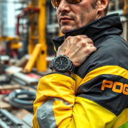 A construction worker dressed in a striking black and gold jacket featuring the word "PROG" prominently displayed