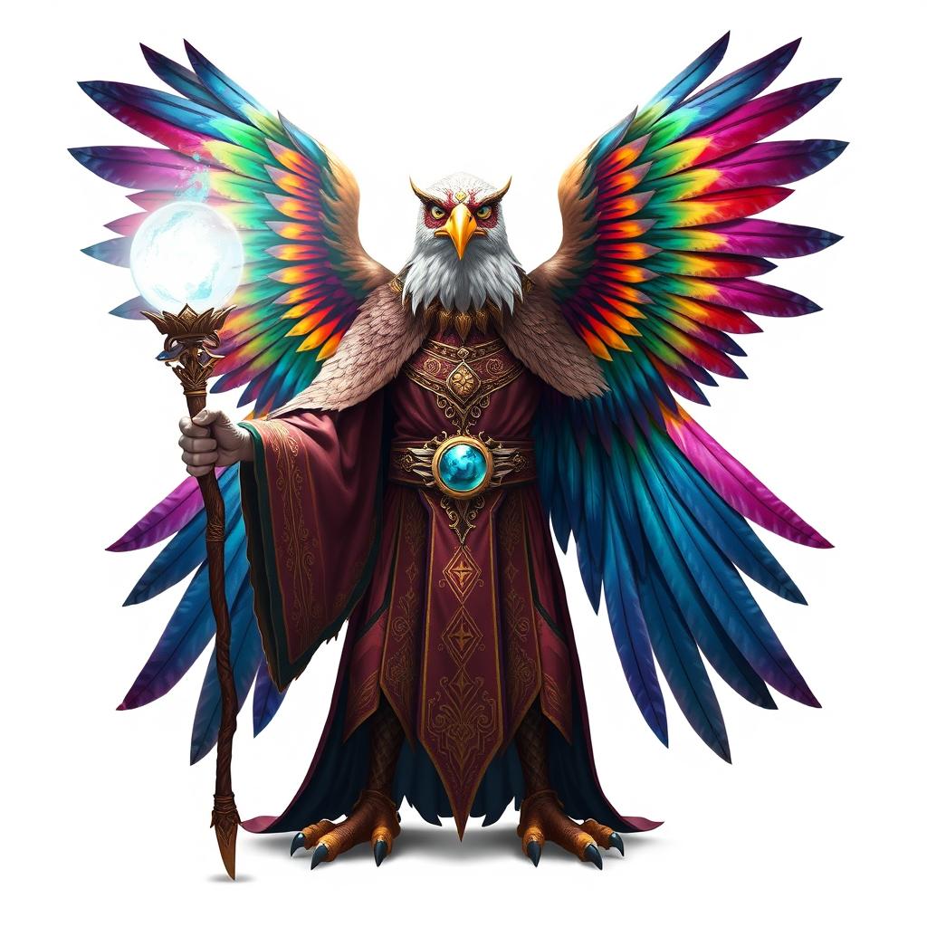 An Aarakocra eagle wizard, depicted as a majestic humanoid bird with vibrant feathered wings and a wise expression