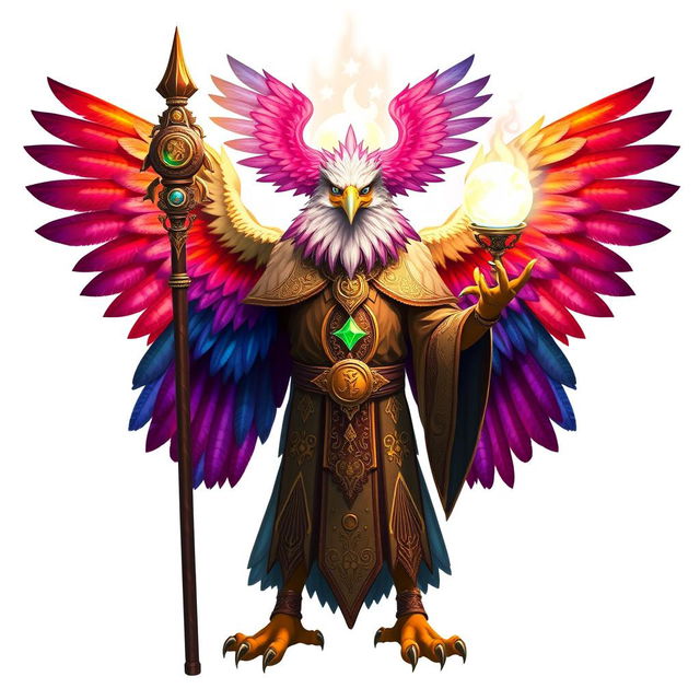 An Aarakocra eagle wizard, depicted as a majestic humanoid bird with vibrant feathered wings and a wise expression