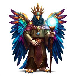 An Aarakocra eagle wizard, depicted as a majestic humanoid bird with vibrant feathered wings and a wise expression
