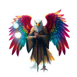 An Aarakocra eagle wizard, depicted as a majestic humanoid bird with vibrant feathered wings and a wise expression