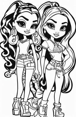 A new black and white illustration featuring a different set of Bratz characters, designed as a colouring book page